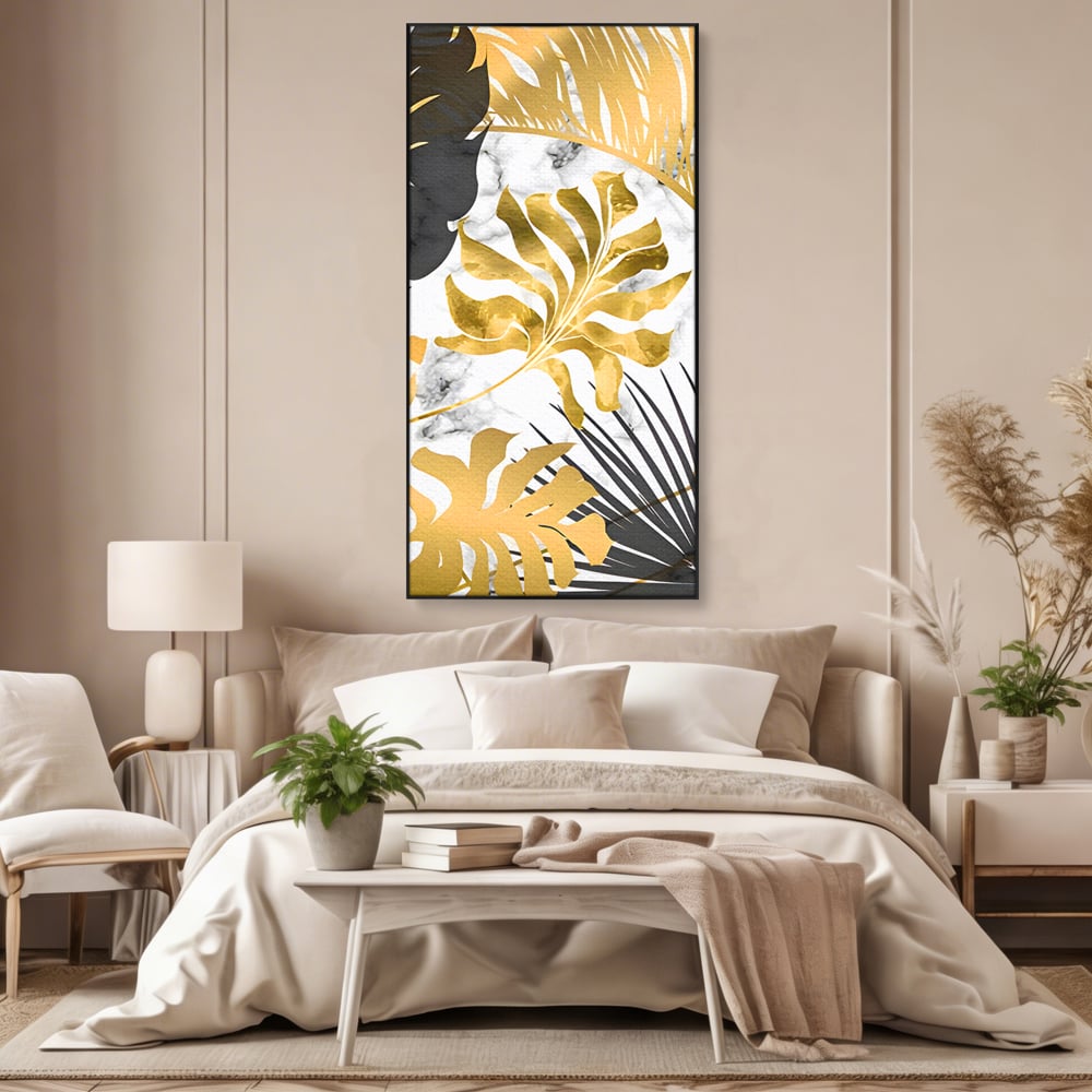 Tablou canvas cu tablou canvas cu frunze tropicale, in rama de aluminiu negru, pe perete intr-un dormitor